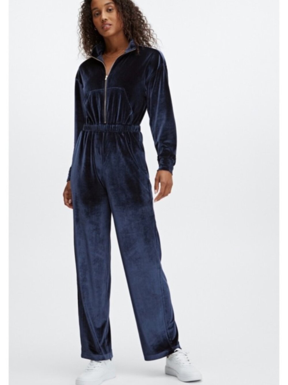 Fabletics Deep Navy Velour Zip-Up Wide Leg Onesie in Women's Large